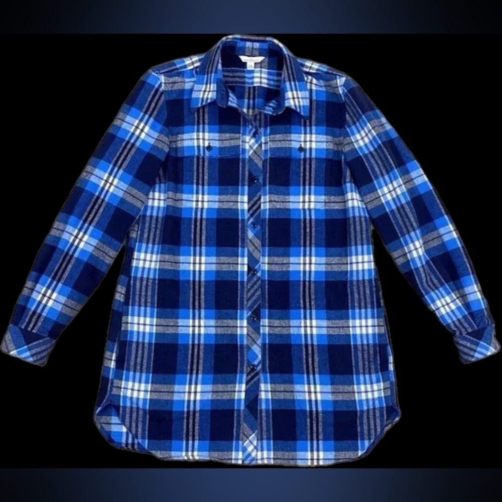 L.L.Bean Women's Signature Chamois Flannel Tunic - blue, black and white, Size L